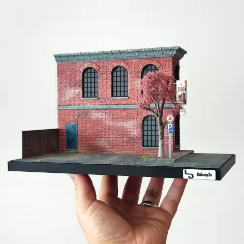 Two-Story Brick Building and Parking Diorama for Hot Wheels and 1:64 Scale Diecast Cars & Figure