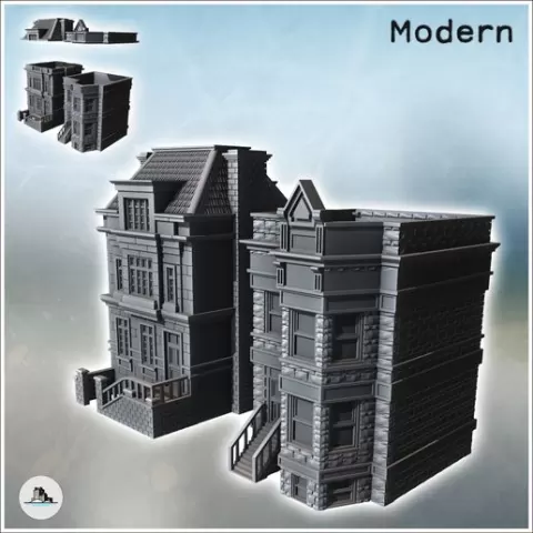 Set of two European houses with upper floor and access staircase (14) - Modern WW2 WW1 World War Diaroma Wargaming RPG Mini Hobby