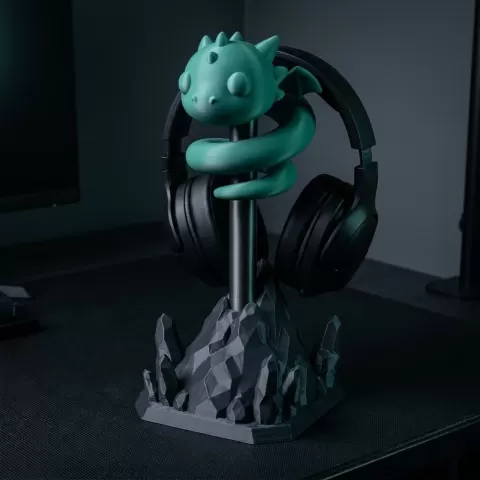 Cute Chibi Dragon Headphone Stand – Low-Poly Mountain Base