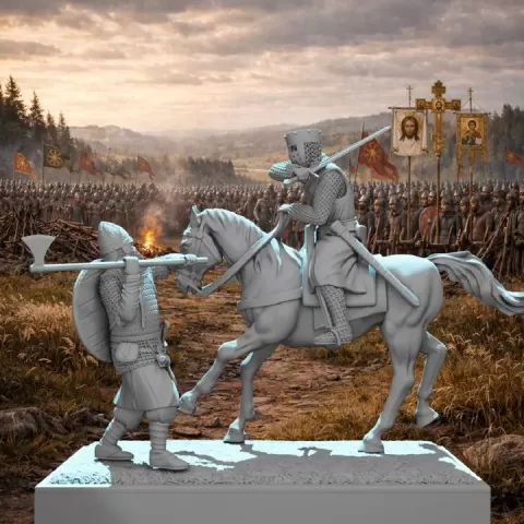 Mounted Crusader Knight vs Byzantine Varangian Guard – Diorama Vignette | 28mm/32mm STL | Wargaming & TTRPG by Northern Crusades Miniatures