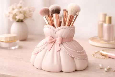 Wedding Dress Makeup Brush Holder STL – Kawaii Bridal Organizer, Bow & Pearl Vanity Storage Cup, 3D