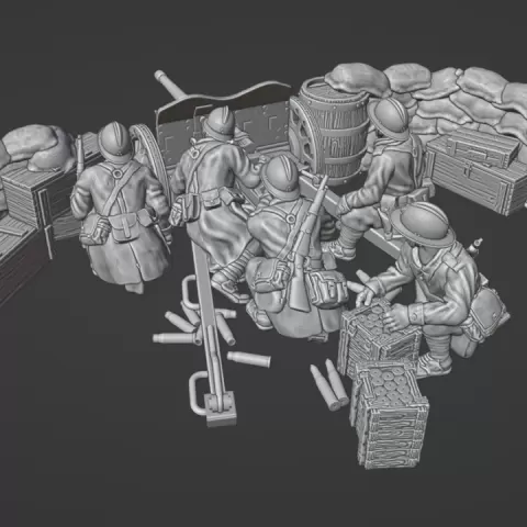 WW2 28mm french 47mm AT GUN with crew and sandbag barricade by Colonel Muller
