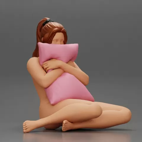 Naked girl scared sitting and holding a pillow while watching a horror movie on TV by 3DGeschaft Miniatures Figures