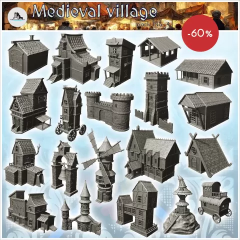 Medieval village pack No. 4 - Medieval Gothic RPG Feudal Old Archaic Saga 28mm 15mm by Hartolia Miniatures