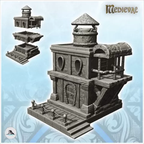 Medieval house with wooden platform and overhanging columned terrace (23) - Medieval Gothic Feudal Old Archaic Saga 28mm 15mm RPG by Hartolia Miniatures