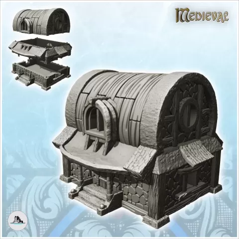 Medieval house with rounded roof in roof and round windows (30) - Medieval Gothic Feudal Old Archaic Saga 28mm 15mm RPG by Hartolia Miniatures