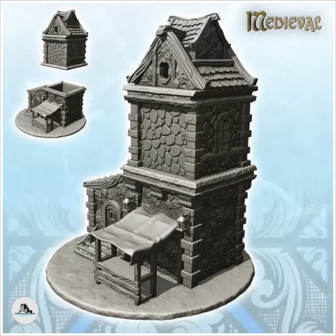 Medieval tower with entrance to annex and covered stand (16) - Medieval Gothic Feudal Old Archaic Saga 28mm 15mm RPG by Hartolia Miniatures