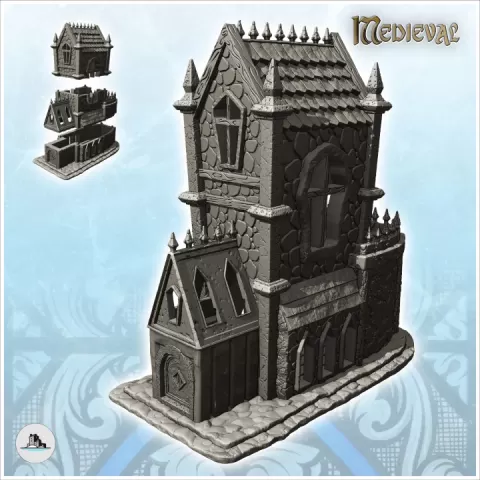 Medieval Gothic building with large stone tower and roof spikes (11) - Medieval Gothic Feudal Old Archaic Saga 28mm 15mm RPG by Hartolia Miniatures