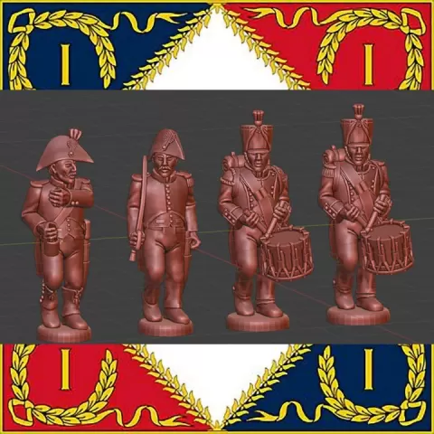28mm Napoleonic French Light infantry command with surtout and drummers with trousers and shako cover 1807-12 by MC Miniatures