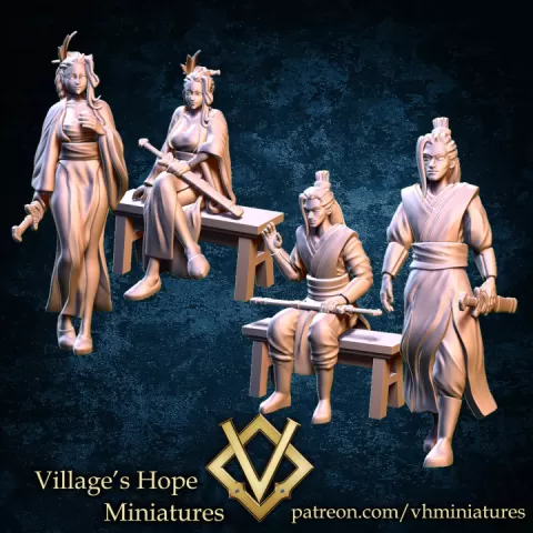 wuxia warrior male & female (sit and walk pose) by Village's Hope Miniatures