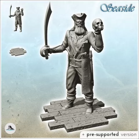 Old pirate with pistol and saber holding a skull (8) - Jungle Blackbeard Island Beach Piracy Caribbean Medieval by Hartolia Miniatures