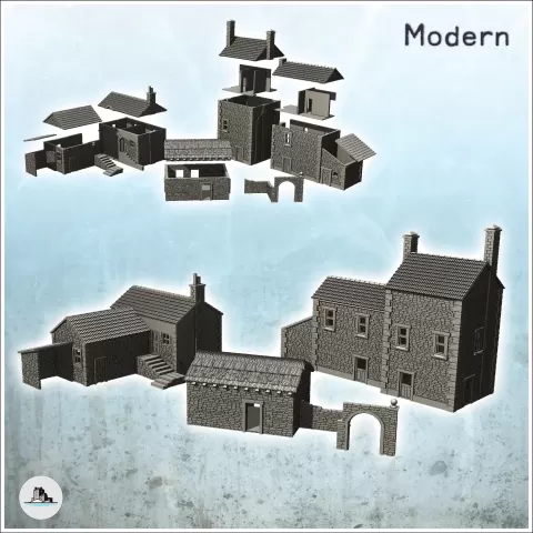 Set of three traditional European stone buildings with farm - Hartolia Miniatures