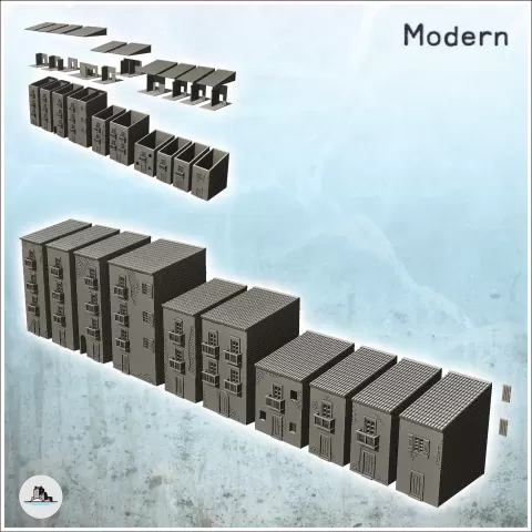 Set of ten urban multi-storey buildings with single roof (in - Hartolia Miniatures
