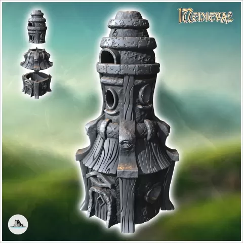 Large medieval tower with wooden door and concave roof and w - Hartolia Miniatures