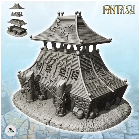 Large curved-roof medieval building with upstairs terrace an - Hartolia Miniatures