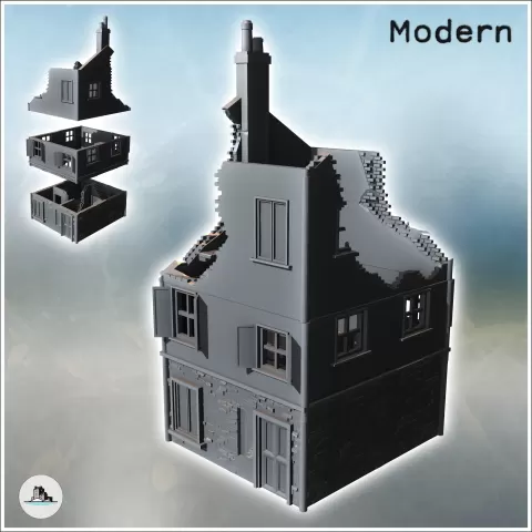 Modern two-story house with tiled roof and chimney (ruined v - Hartolia Miniatures