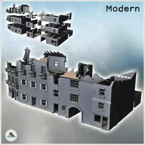Set of European houses with balconies and arch (ruined versi - Hartolia Miniatures
