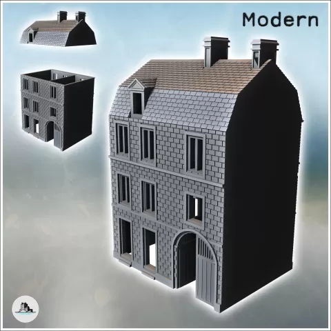 Modern two-story brick house with large wooden door and Mans - Hartolia Miniatures