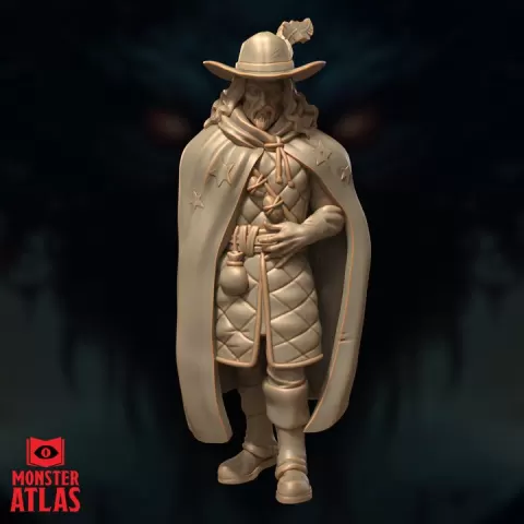 Court Archmage | Starry Coat Wizard | Plumed Hat Mage | DnD 5e STL Miniature | 32mm Resin by Monster Atlas Fantasy Miniatures