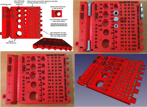 Inch Measuring Tool for Screws, Nuts, Bolt Heads, Wrenches (incl. Hex.), Threads (No metric tool)