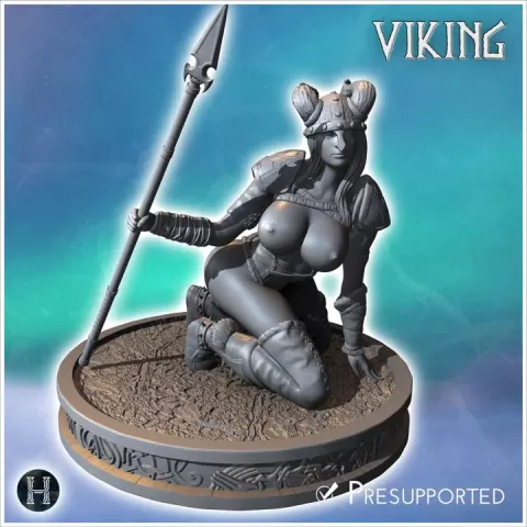 Female warrior kneeling with a spear in one hand and a large shield in the other (32) (NSFW) - North Northern Norse Nordic Saga 28mm 15mm Medieval Dark Age by Hartolia Miniatures