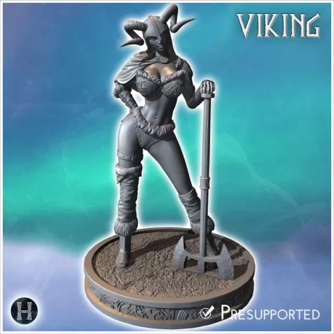 Viking woman holding a large axe, wearing detailed armor and a horned helmet (29) - North Northern Norse Nordic Saga 28mm 15mm Medieval Dark Age by Hartolia Miniatures