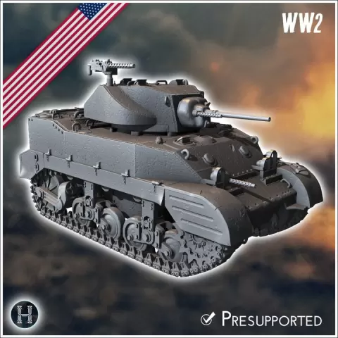 M5A1 Stuart Light Tank (combat damaged version) - USA US Army Western Front Normandy Africa Bulge WWII D-Day by Hartolia Miniatures