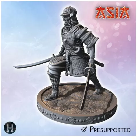 Dual-wielding samurai warrior in combat stance with two katanas (6) - Asian Asia Oriental Angkor Ninja Traditionnal RPG Mini by Hartolia Miniatures