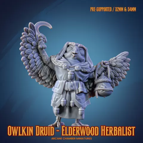 Owlfolk - Owlkin Druid with Sickle and Basket - Elderwood Herbalist (Pre-supported) by Arcane Chamber Miniatures
