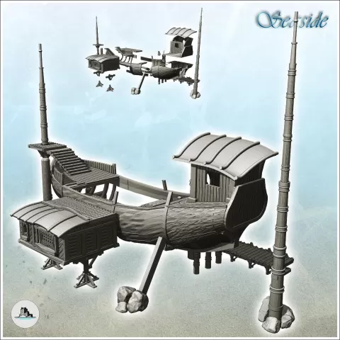 Dwelling in wooden boat hull with masts and pontoons (1) - m - Hartolia Miniatures