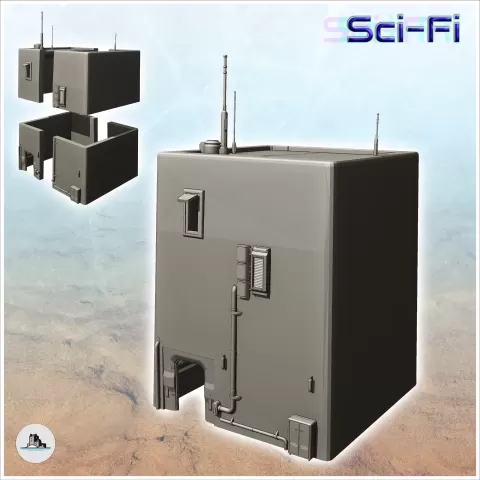 Square futuristic building with exterior pipes and roof ante - Hartolia Miniatures