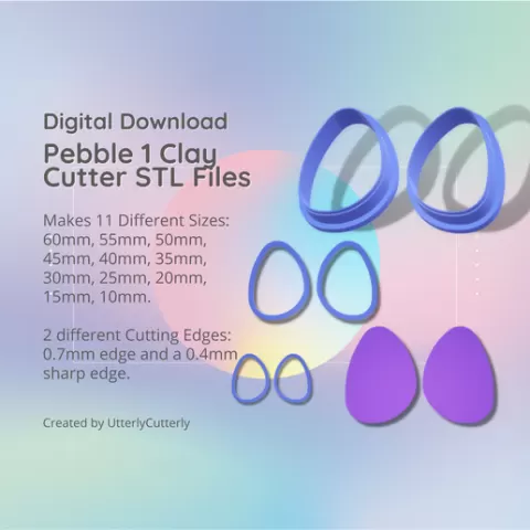 Pebble 1 Clay Cutter - Organic Digital File Download- 11 sizes and 2 Cutter Versions Earrings, Pendant, Barrette