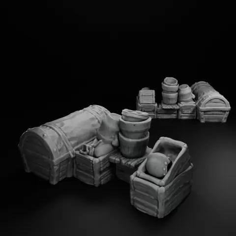 Merchant Supplies and Chests Set - 28/32mm Fantasy Scatter Terrain by StoneAxe Miniatures