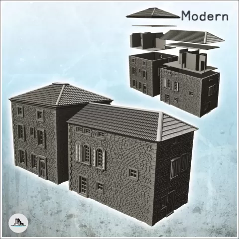Set of two tiled roof houses with stone walls and shutters (12) - World War Two Second WWII Front Eastern Western Axis Allied by Hartolia Miniatures