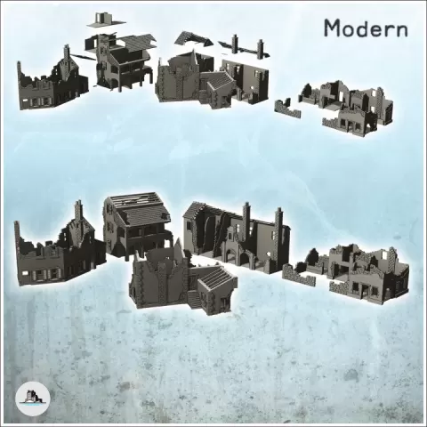 Set of five ruined European houses with plaster and stone walls (8) - World War Two Second WWII Front Eastern Western Axis Allied by Hartolia Miniatures