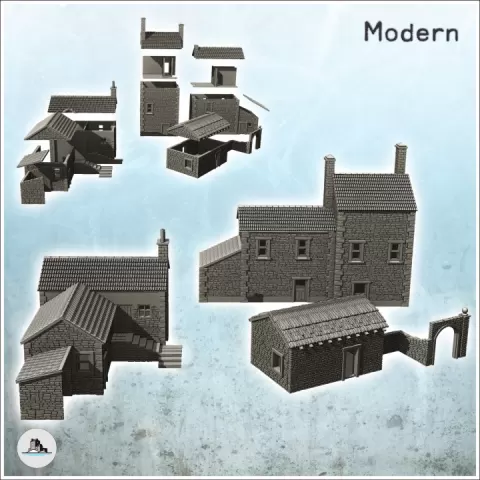 Set of three traditional European stone buildings with farm and stable (7) - World War Two Second WWII Front Eastern Western Axis Allied by Hartolia Miniatures