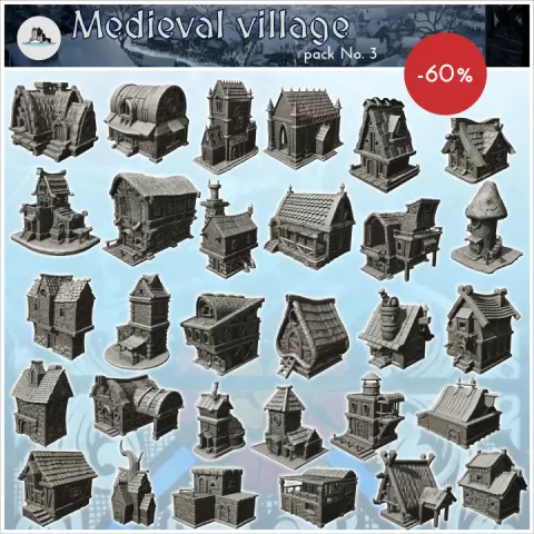 Medieval village pack No. 3 - Medieval Gothic RPG Feudal Old Archaic Saga 28mm 15mm by Hartolia Miniatures