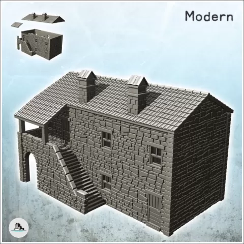House in exposed stone with access stairs and tiled roof (20) - Modern WW2 WW1 World War Diaroma Wargaming RPG Mini Hobby by Hartolia Miniatures