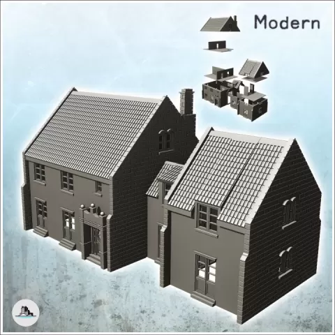 Double houses with central building and floor (6) - Modern WW2 WW1 World War Diaroma Wargaming RPG Mini Hobby by Hartolia Miniatures