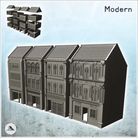 Set of four modern two-story buildings with tile roofs (7) - Cold Era Modern Warfare Conflict World War 3 RPG Post-apo by Hartolia Miniatures