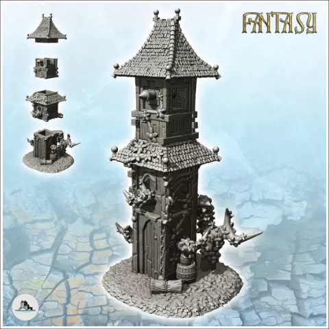 Large medieval tower with multiple tiled roofs and plant-covered walls (8) - Medieval Fantasy Magic Feudal Old Archaic Saga 28mm 15mm by Hartolia Miniatures