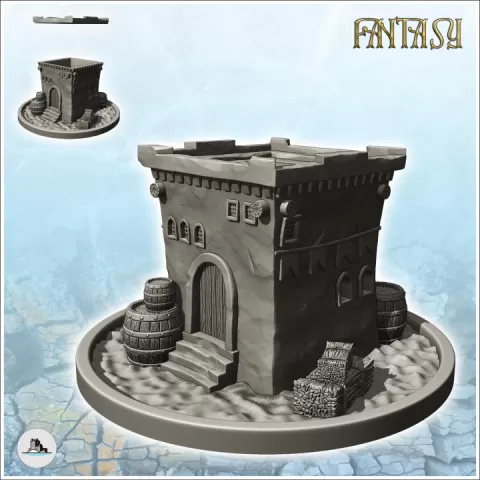Medieval house on pedestal with flat roof and exterior accessories (5) - Medieval Fantasy Magic Feudal Old Archaic Saga 28mm 15mm by Hartolia Miniatures