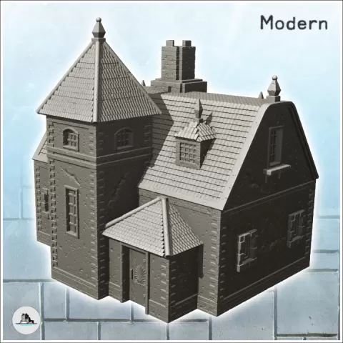 Modern mansion with large entrance and annex tower (3) - Modern WW2 WW1 World War Diaroma Wargaming RPG by Hartolia Miniatures