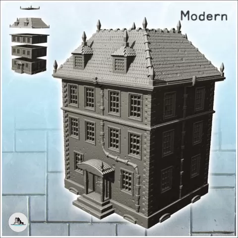 Large modern house with roof spikes and triple floors (6) - Modern WW2 WW1 World War Diaroma Wargaming RPG by Hartolia Miniatures