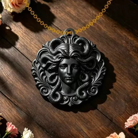 Medusa Pendant Necklace – Gothic Mythology Relief Jewelry – Baroque Snake Medallion Design