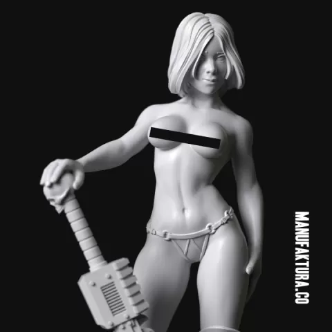 Dom Series 01f - Topless Commissar Girl with Chainsaw Sword by Manufaktura Miniatures LLC