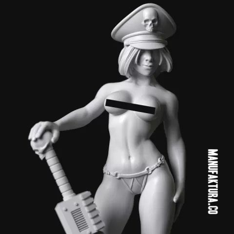 Dom Series 01e - Topless Commissar Girl with Cap & Chainsaw Sword by Manufaktura Miniatures LLC