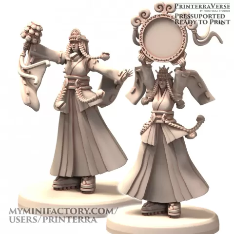 003 JAPAN Shinto Shrine Maiden Miko Priestess Holding Kagura Suzu Bell and mirror by Printerra Studios