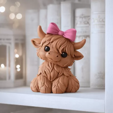 Highland Cow Figurine with Bow | Baby Chonky Cow Decor | Kawaii Farmhouse Shelf Accent