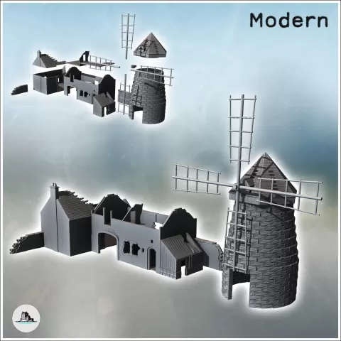 Set of farm buildings with ruined house and stone mill (5) - - Hartolia Miniatures